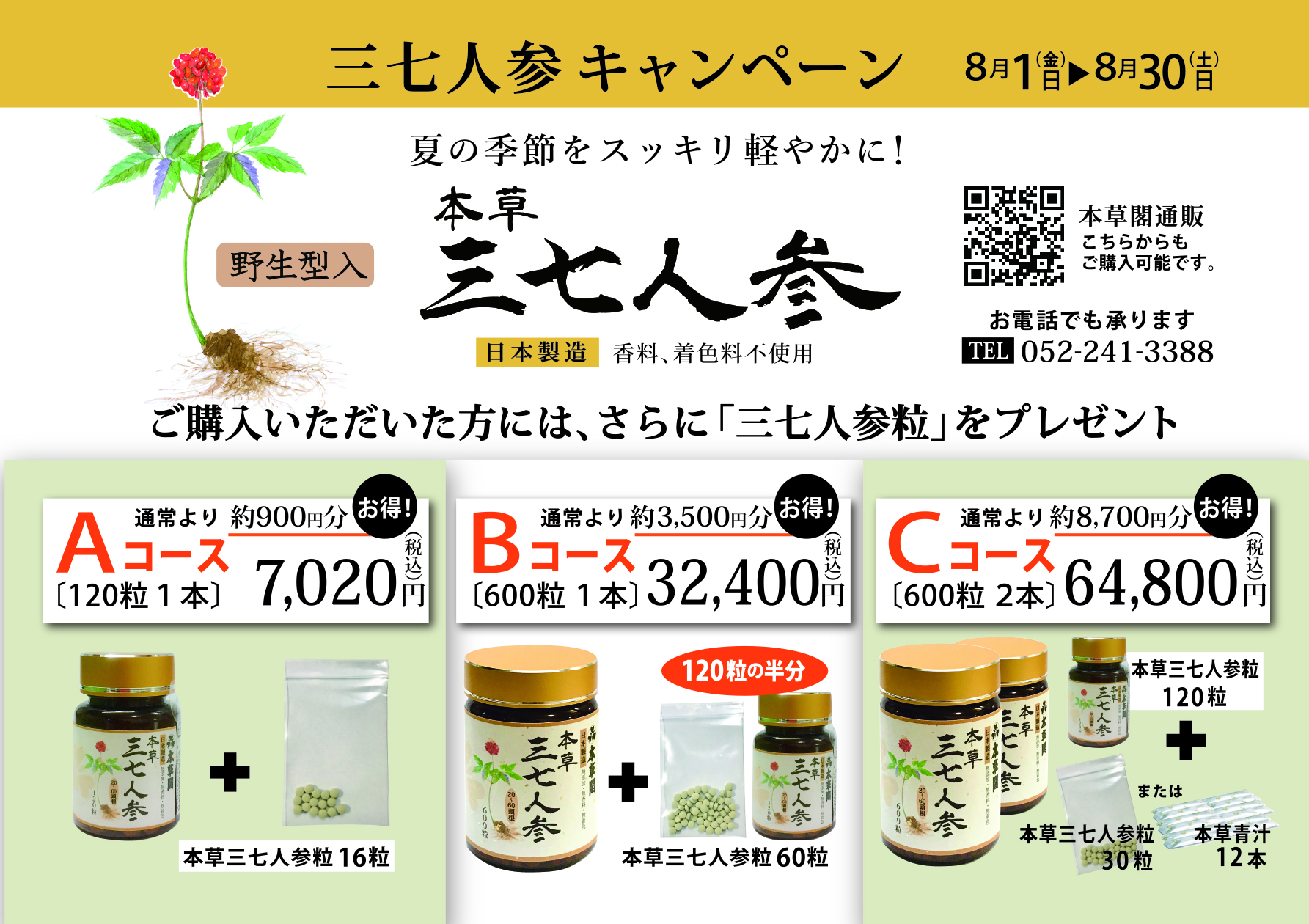 【キャンペーン中~8/30】三七人参粒 120粒 【Aコース】