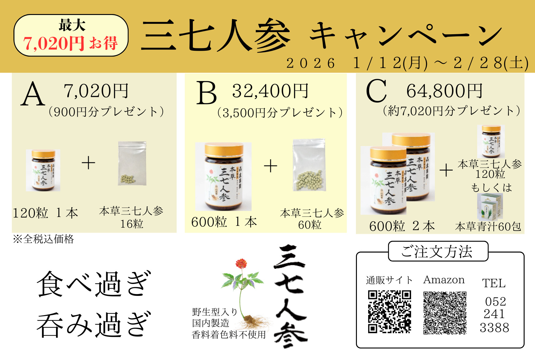 【Aコース】三七人参粒 120粒
