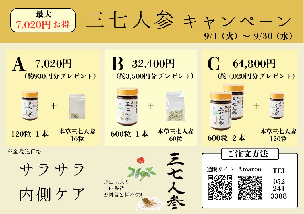【Aコース】三七人参粒 120粒(16粒プレゼント付)